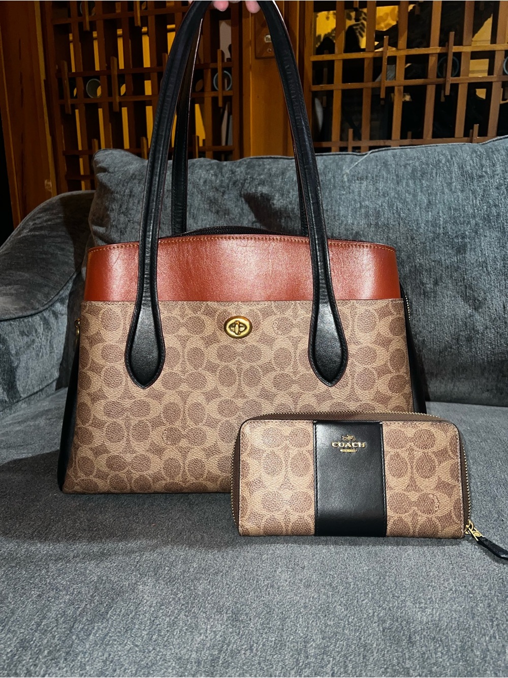 Coach Brown Signature Canvas Tote with Chestnut Trim and Black Handles